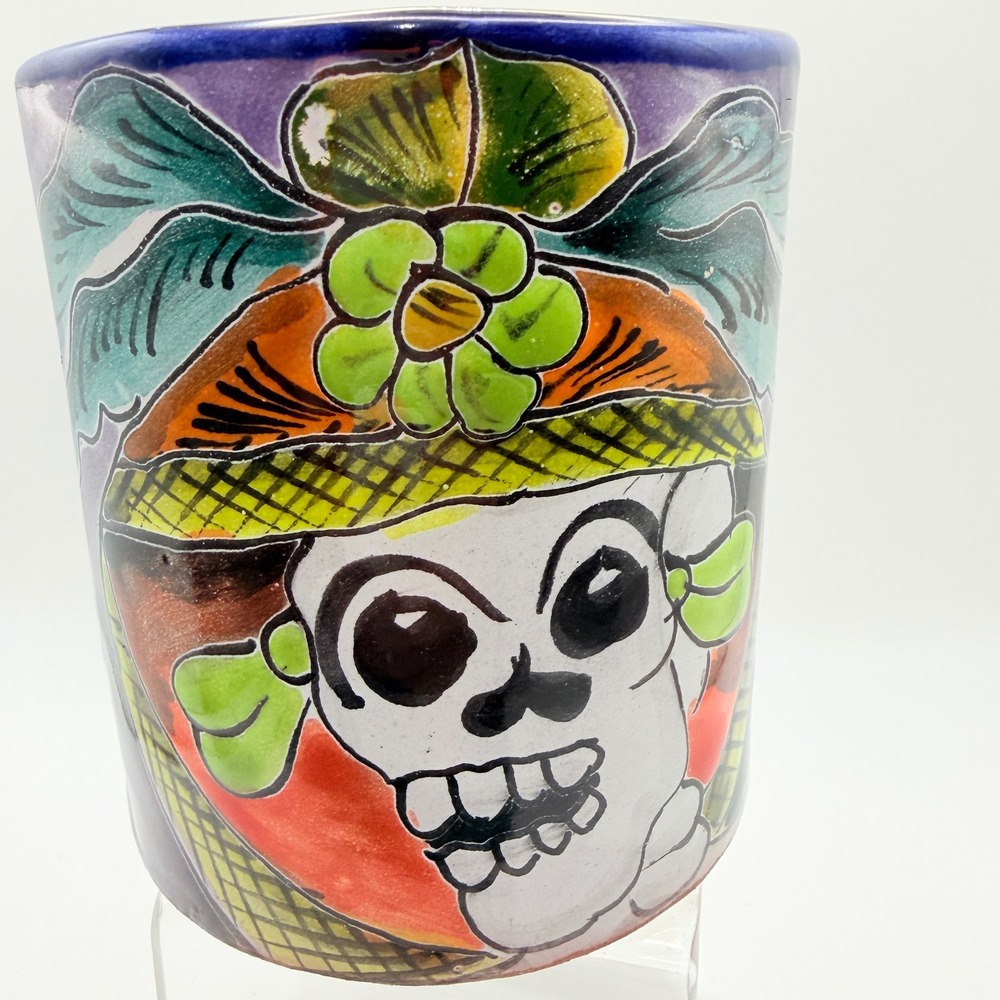 Mayolica Mexico Melchor Sugar Skull Mug Purple Ceramic Hand Painted Folk Art